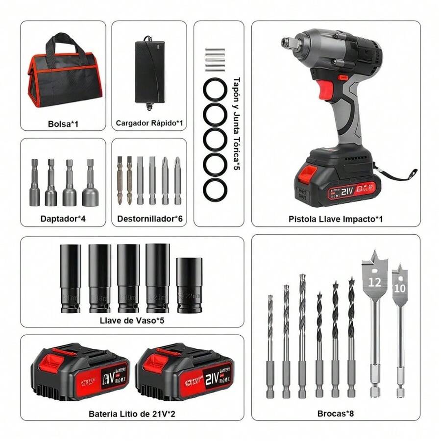 Llave de Impacto 21V con 520Nm + Kit Completo de Accesorios