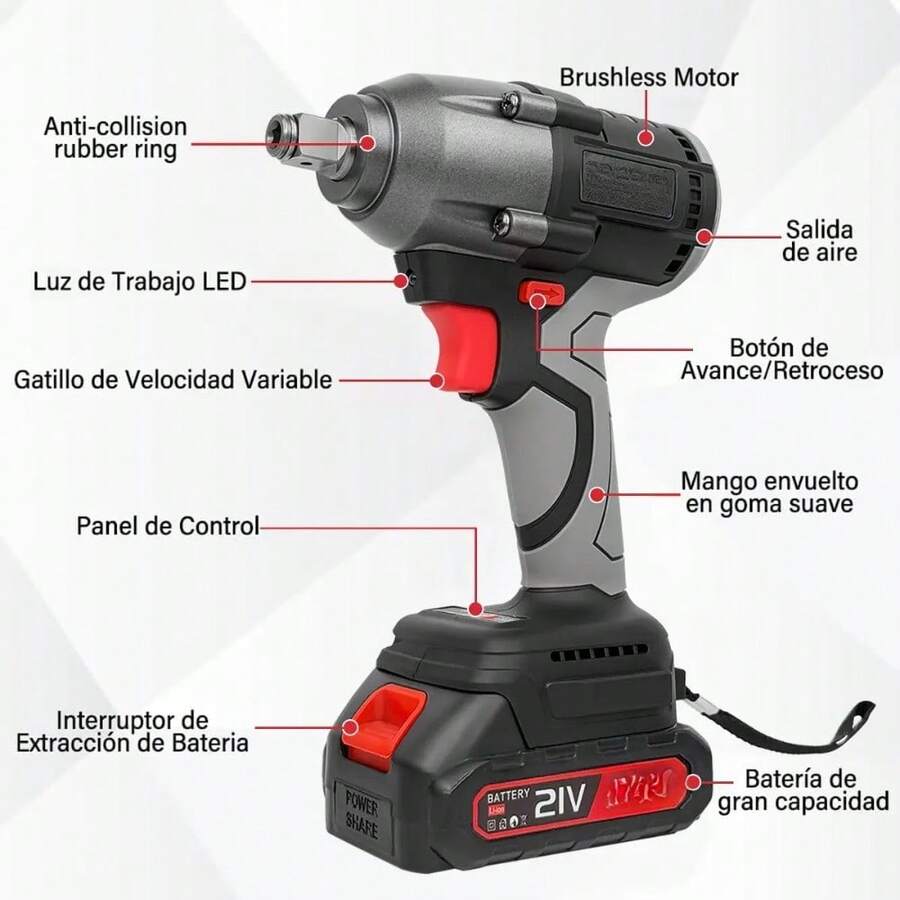 Llave de Impacto 21V con 520Nm + Kit Completo de Accesorios