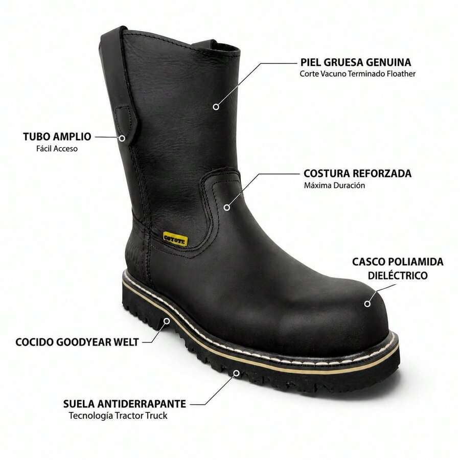 BOTA  CON CASCO DE POLIAMIDA RESISTENTE DIELECTRICAS EN PIEL GENUINA CORTE VACUNO Y SUELA DE TRACTOR TRUCK ANTI DERRAPE