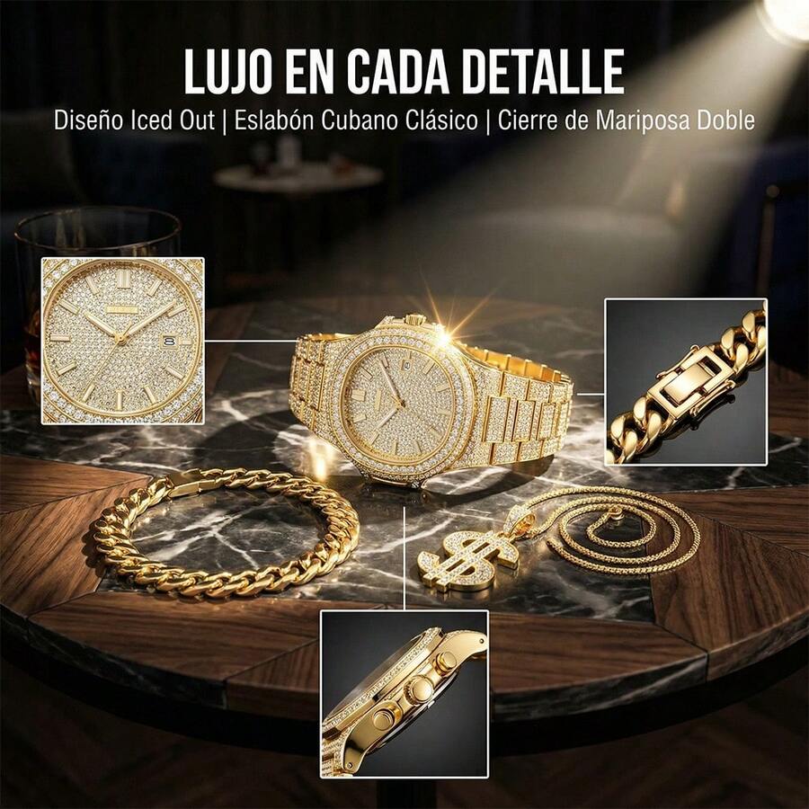 Eslabón Cubano con Dije de Dólar, Acabado golden, Aleación de zinc