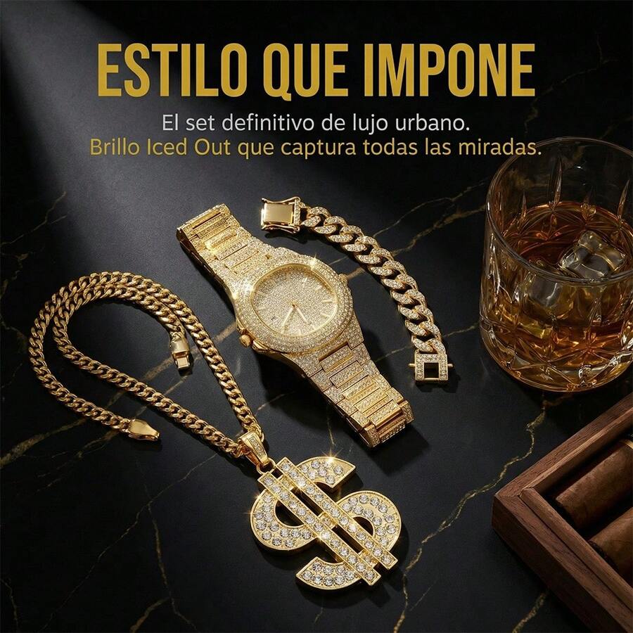 Eslabón Cubano con Dije de Dólar, Acabado golden, Aleación de zinc