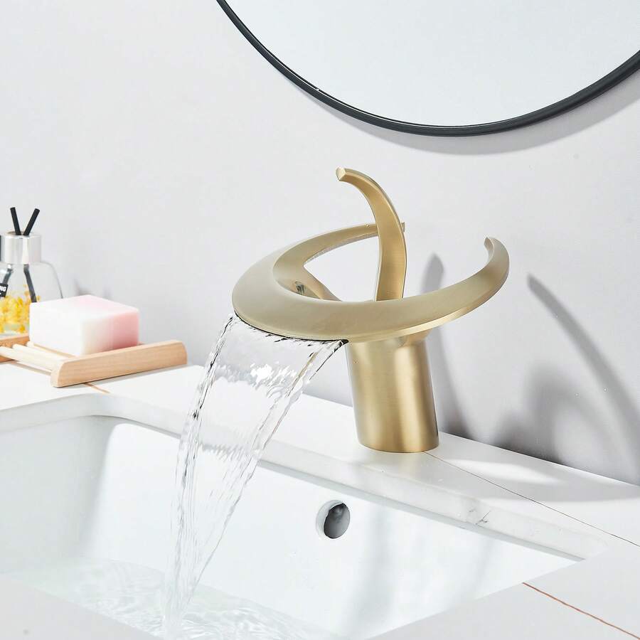 Mcmxtap Mezclador monomando para lavabo tipo cascada oro cepillado/negro/gris/blanco/cromo, Grifo monomando de un solo orificio para lavabo de baño, Grifo mezclador de lavabo de perfil bajo, Adecuado para baños, hoteles y apartamentos