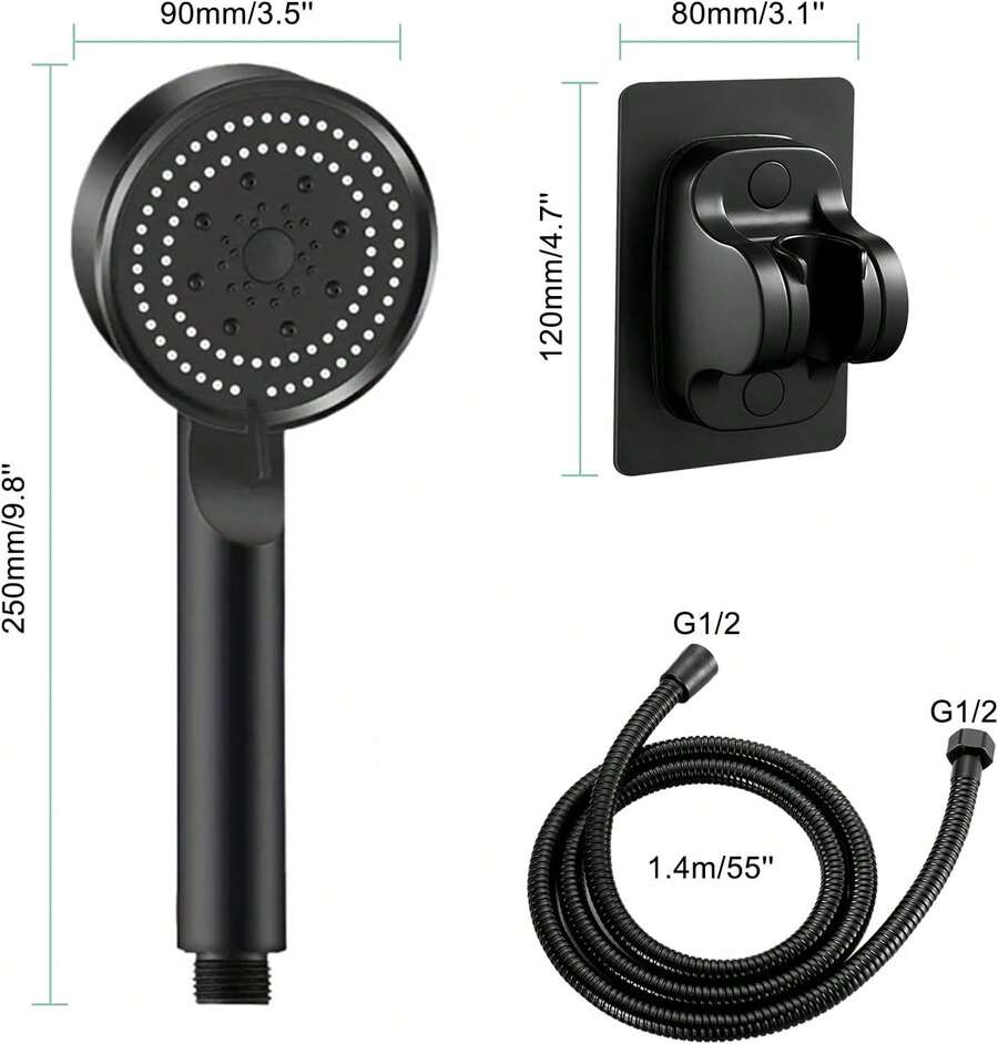 Cabezal de ducha negro mate de 20 cm con efecto lluvia