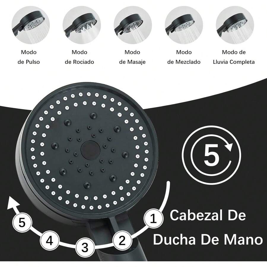 Cabezal de ducha negro mate de 20 cm con efecto lluvia