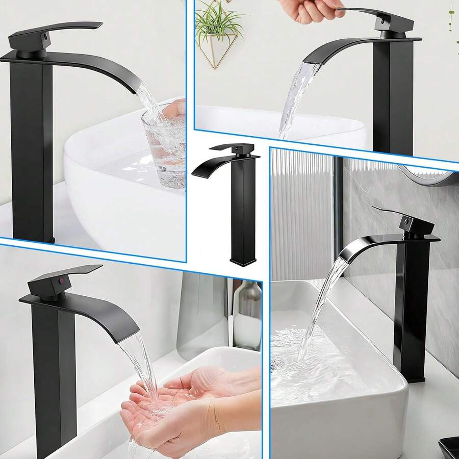 Grifo para lavabo Dorado moderno alto tipo cascada con 2 mangueras