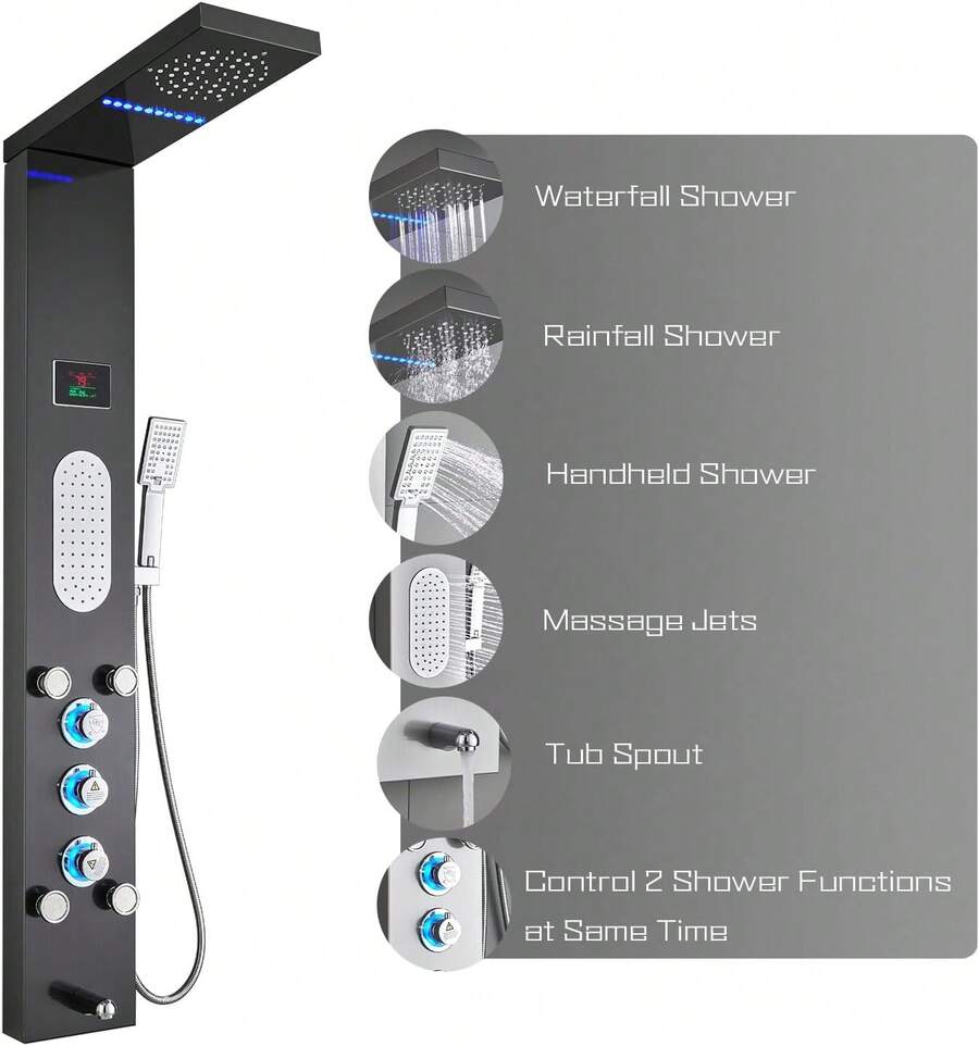 Mcmxtap Panel de Ducha LED Sistema de Torre Lluvia Cascada Masaje