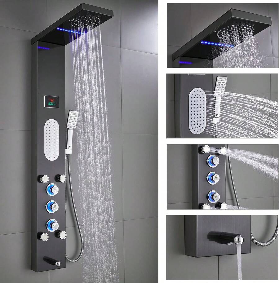 Mcmxtap Panel de Ducha LED Sistema de Torre Lluvia Cascada Masaje
