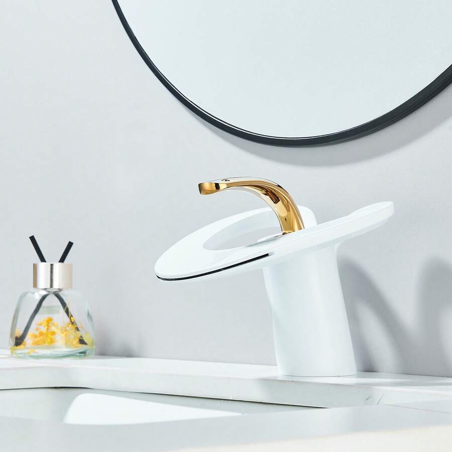 llave para lavabo baño de un solo orificio en oro cepillado/blanco