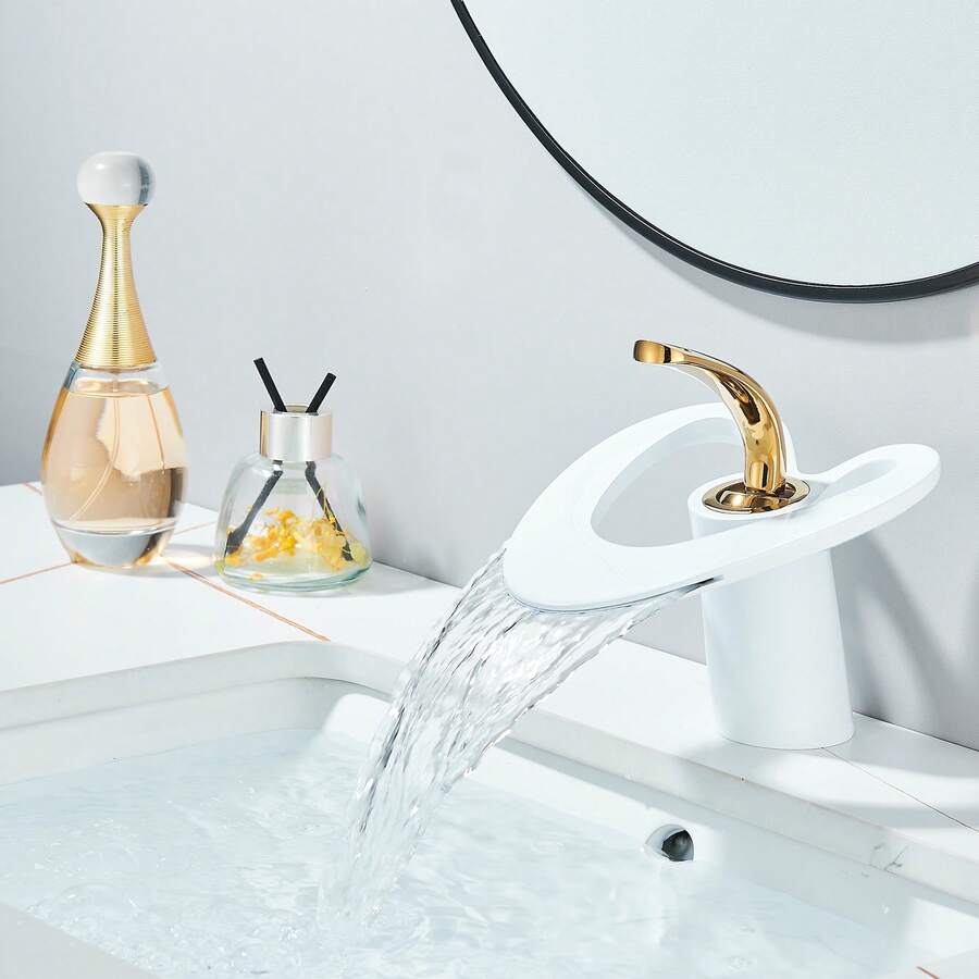 llave para lavabo baño de un solo orificio en oro cepillado/blanco