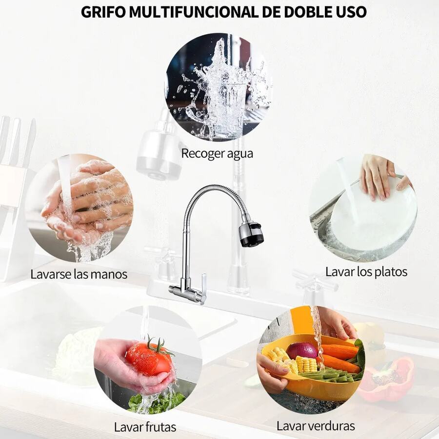 Grifo comercial para fregadero con caño giratorio tipo cuello de cisne