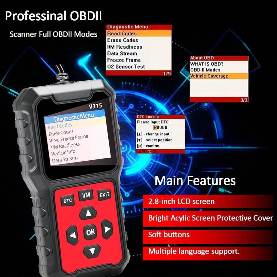 V315 Escáner OBD2 sin batería, probador de voltaje automático