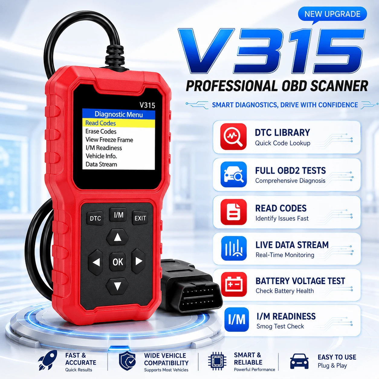 V315 Escáner OBD2 sin batería, probador de voltaje automático
