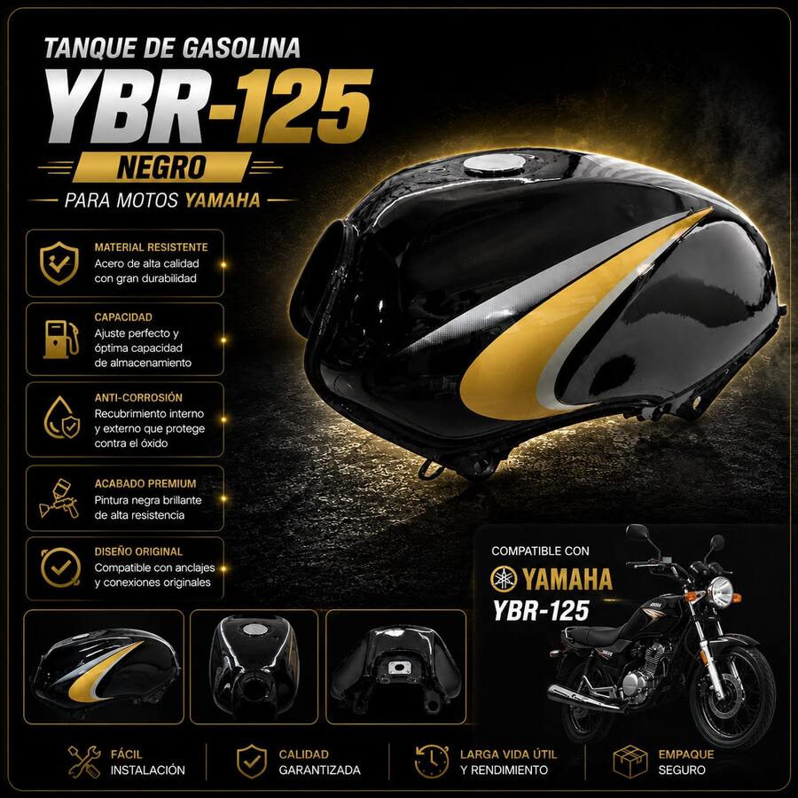 Tanque de Gasolina Negro Compatible con YBR125 – Gran capacidad, ajuste preciso y estilo renovado
