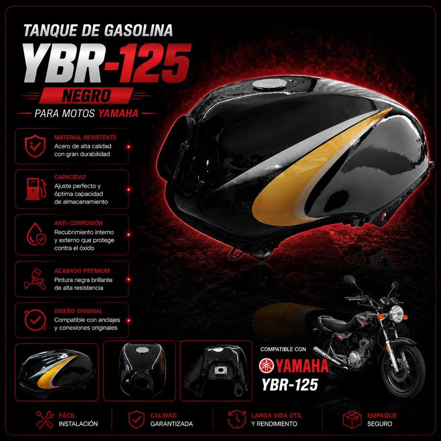 Tanque de Gasolina Negro Compatible con YBR125 – Gran capacidad, ajuste preciso y estilo renovado
