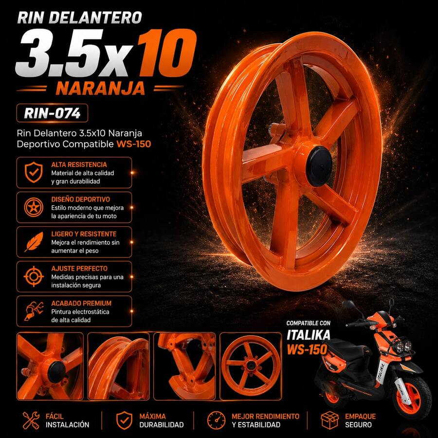 Rin Delantero 3.5 x 10 Naranja Compatible con Italika WS150 – Diseño deportivo, gran resistencia y apariencia llamativa