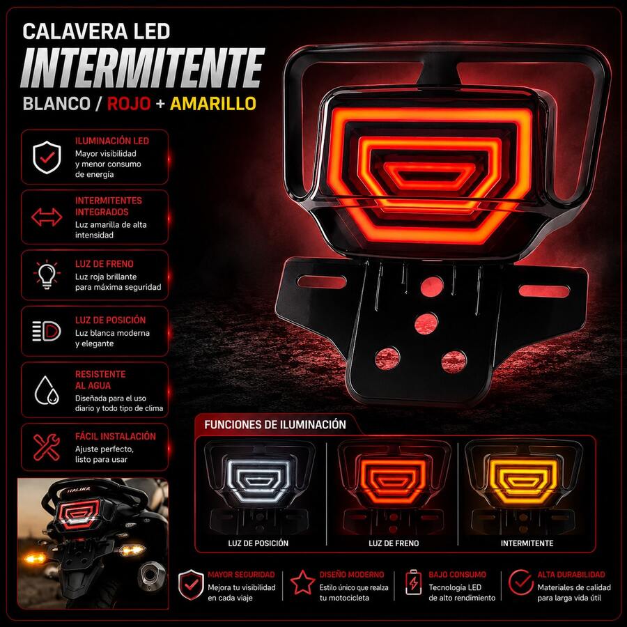 Calavera LED Universal con Intermitentes Integrados Blanco/Rojo y Amarillo – Diseño moderno, alta visibilidad y estilo deportivo