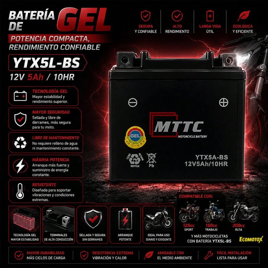 Batería de Gel YTX5L-BS 12V para Motocicleta