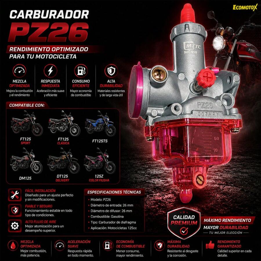 Carburador Color Fiusha Compatible con FT125 / DM125 / DT125 / 125Z