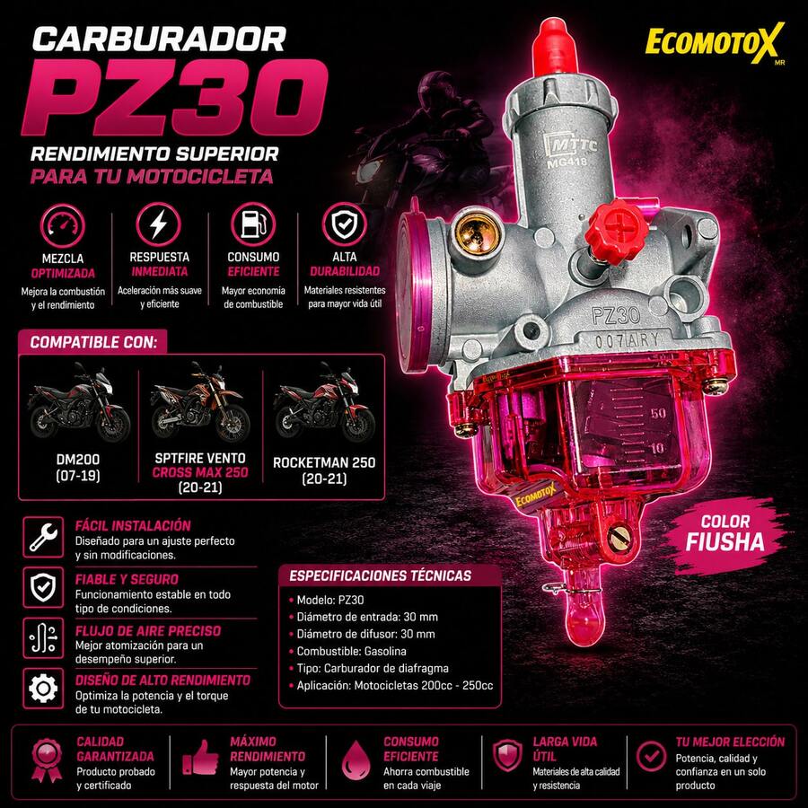 Carburador PZ30 Color Fiusha Compatible con DM200 / Crossmax 250 / Rocketman 250