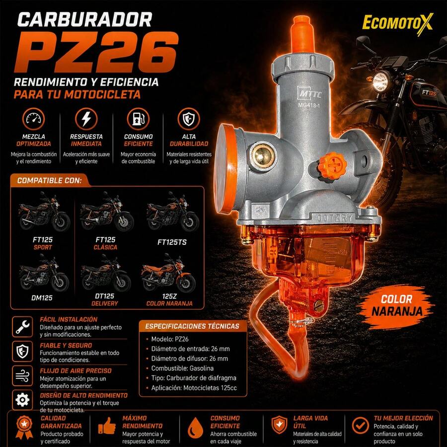 Carburador PZ30 Color Naranja Compatible con DM200 / CrossMax 250 / Rocketman 250