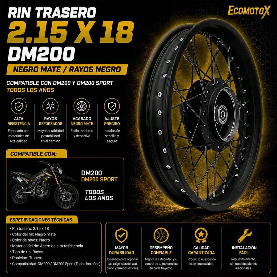 Rin Trasero 2.15 x 18 Negro Mate para DM200 / DM200