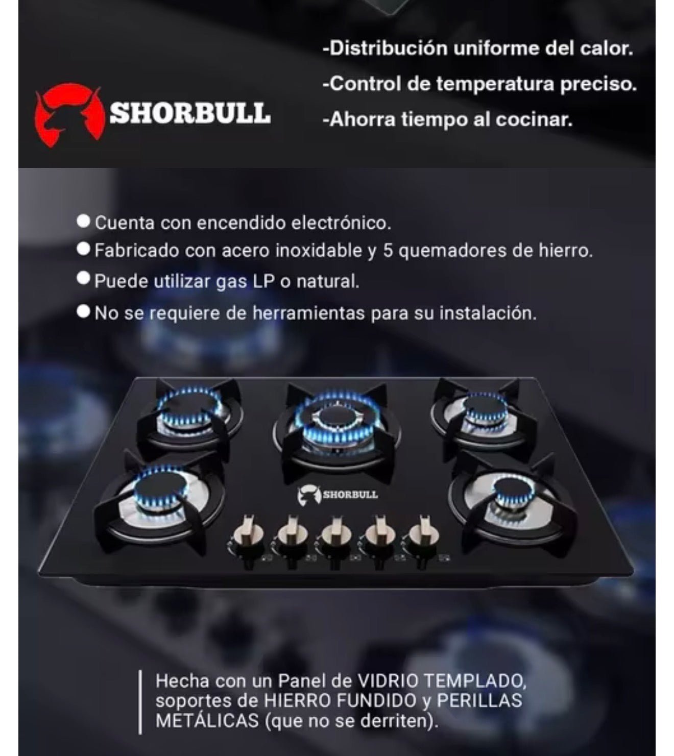 Estufa Empotrable SHORBULL 5 Quemadores Vidrio Templado Gas LP/Natural