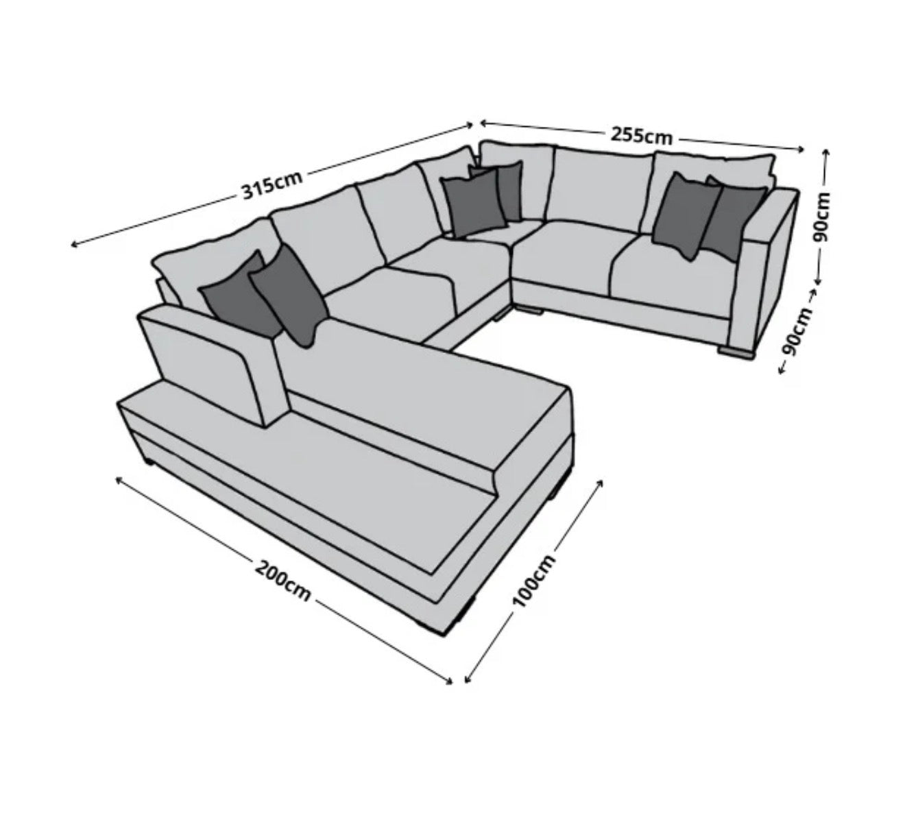 Sala Corbel - Esquinera en "U" Gris Oxford, 200x315x255 cm, 4 salas en 1