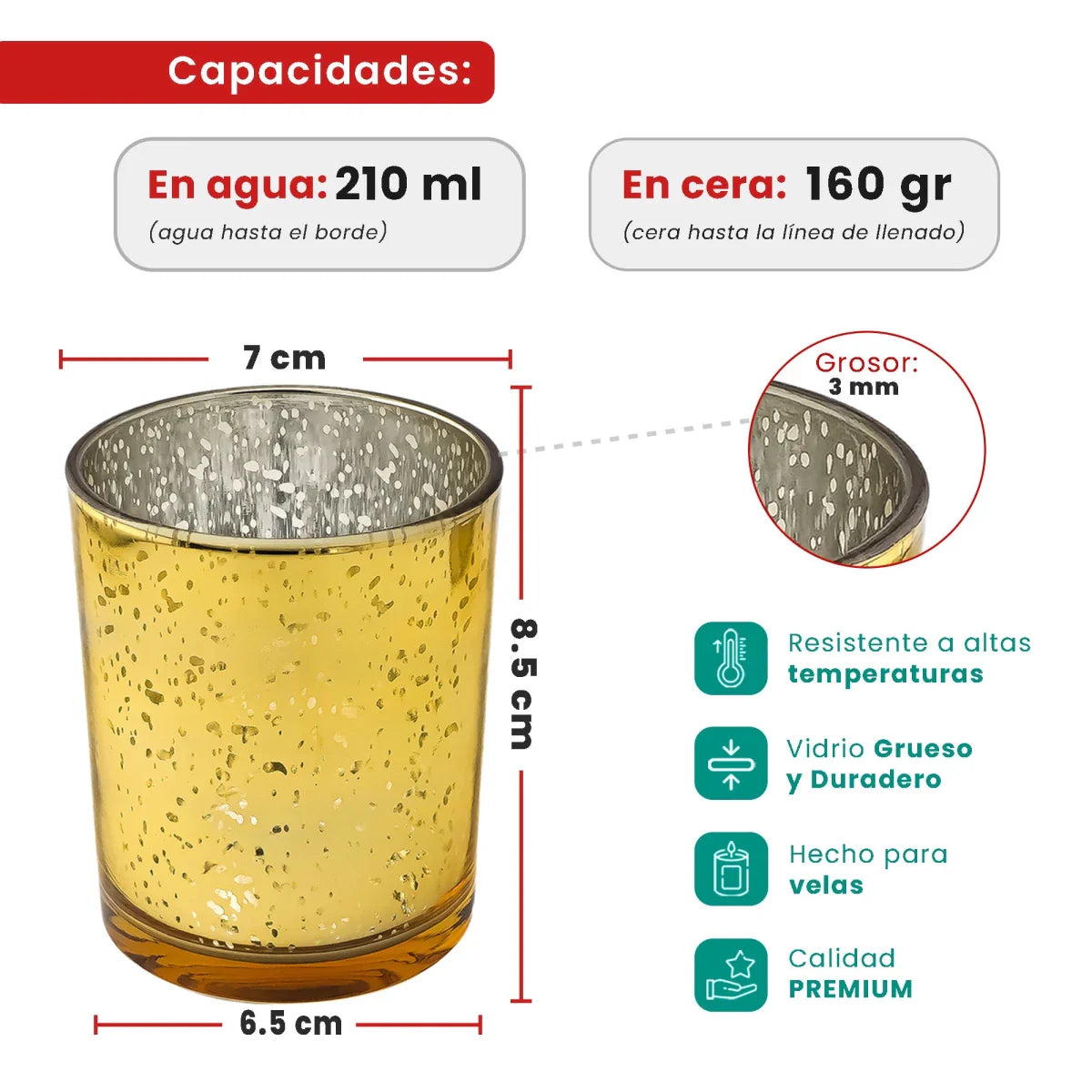 210ml - Mónaco Vaso de Vidrio para Velas - Frasco Dorado con Salpicaduras Metálico