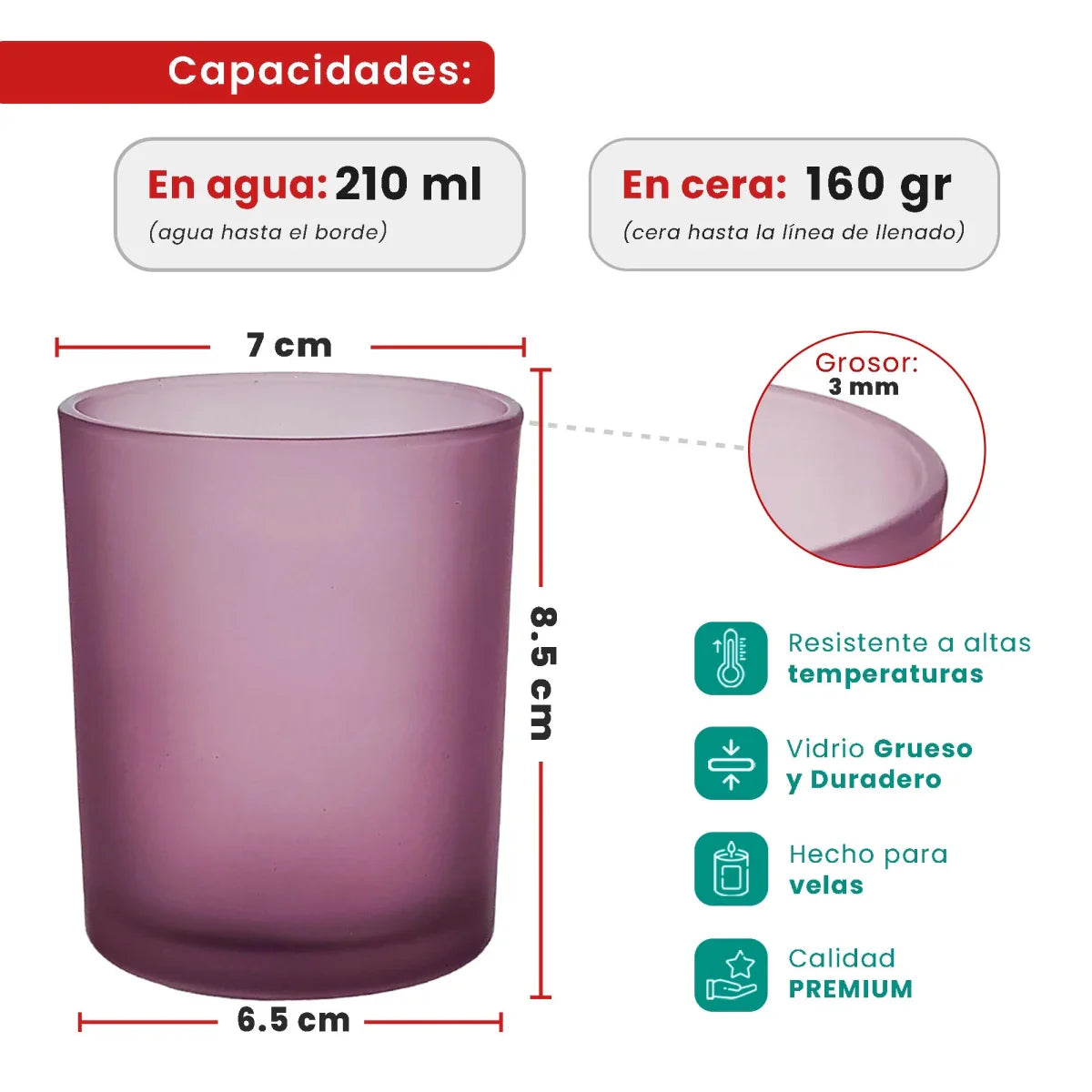 210ml - Mónaco Vaso de vidrio para velas - Frasco Morado Satinado