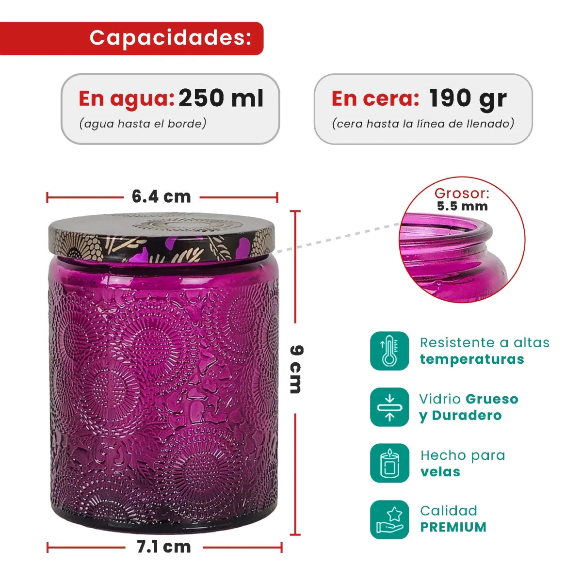 250ml - Londres Vaso de vidrio para velas - Frasco Morado Relieve