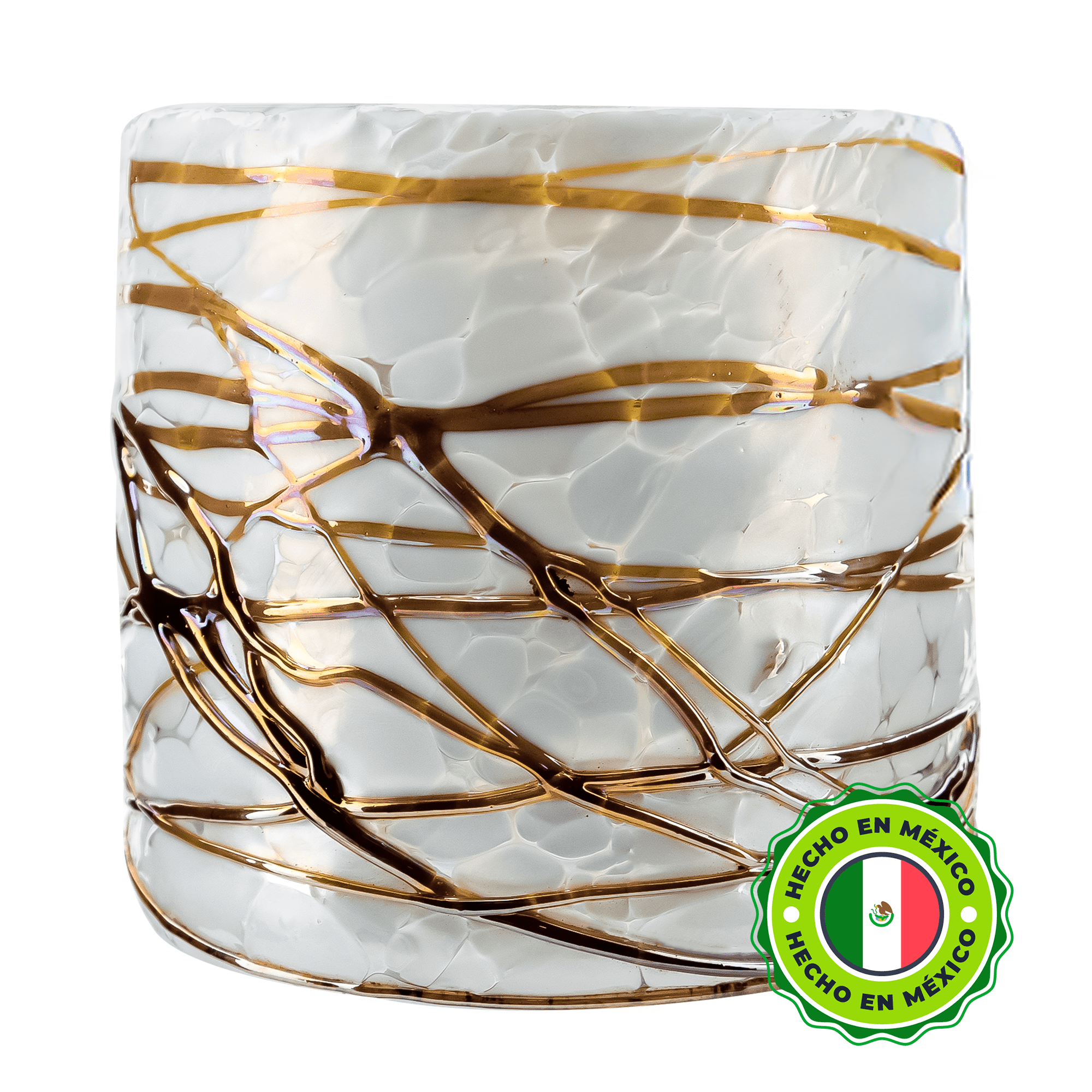 260ml - Florencia Vaso de vidrio soplado artesanal - Frasco Blanco Marmoleado / Telarañas Dorado Caramelo - Hecho a mano