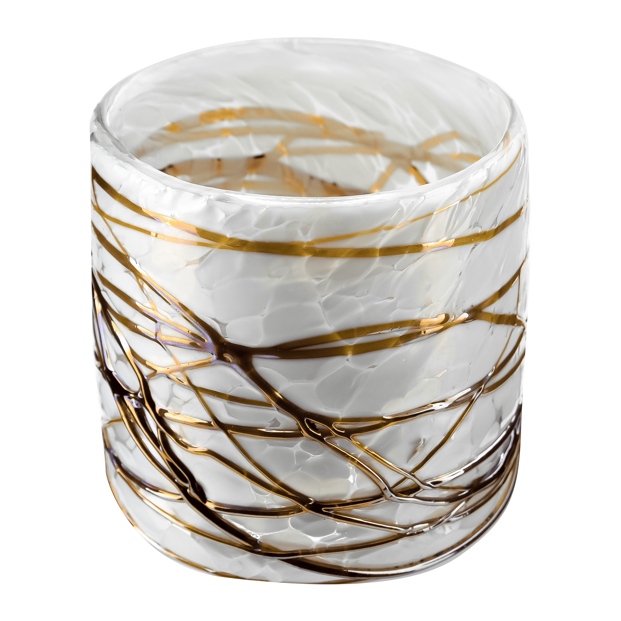 260ml - Florencia Vaso de vidrio soplado artesanal - Frasco Blanco Marmoleado / Telarañas Dorado Caramelo - Hecho a mano