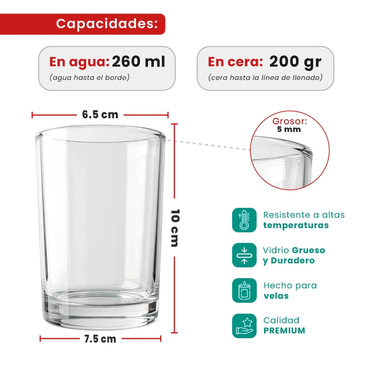260ml - Mónaco Vaso de vidrio para velas - Frasco Cristal Transparente