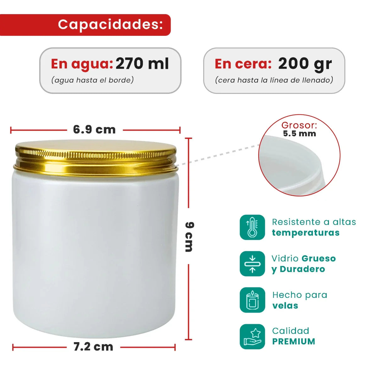270ml - Miami Vaso de vidrio con rosca para velas - Frasco Blanco Mate con tapa Dorada