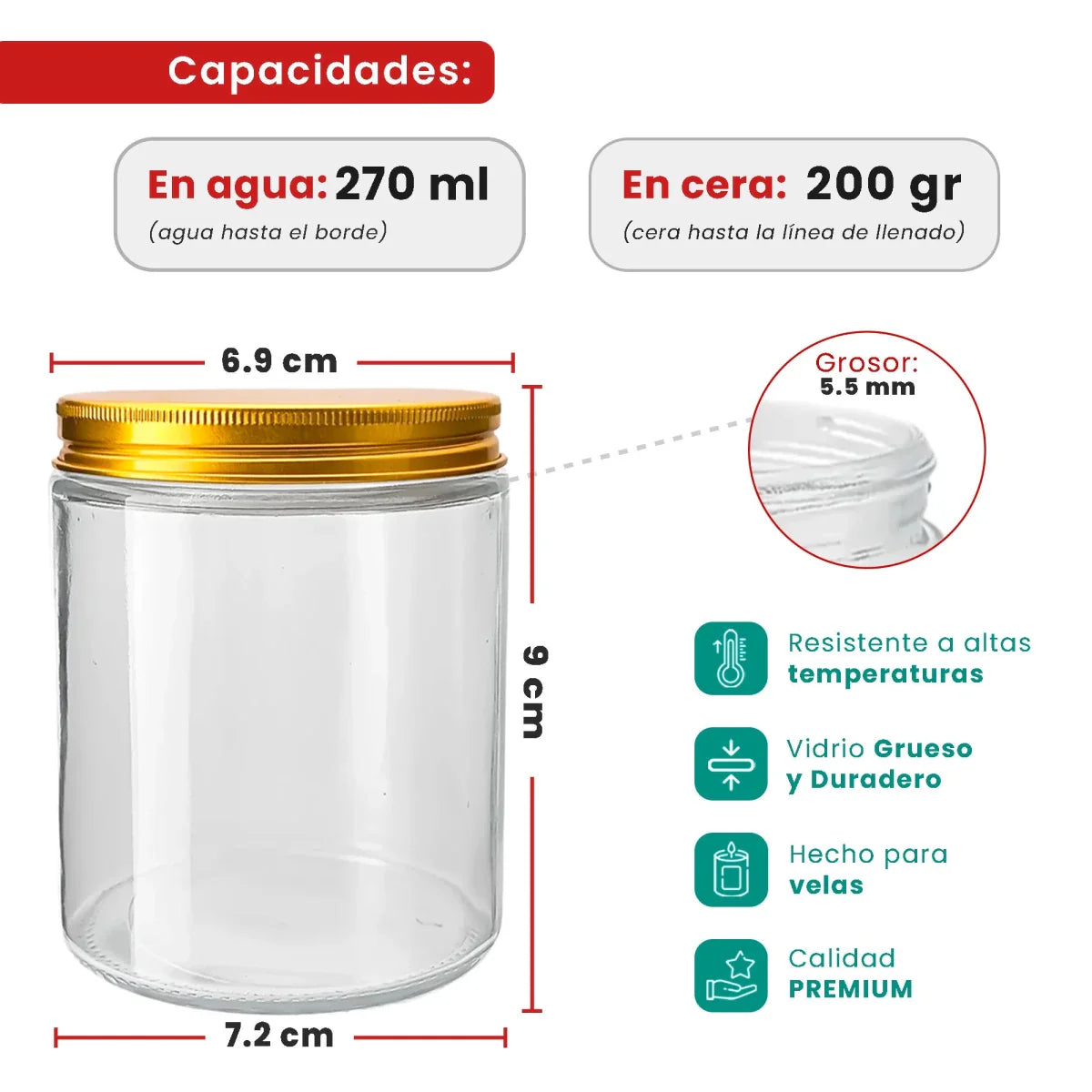 270ml - Miami Vaso de vidrio con rosca para velas - Frasco Transparente con tapa dorada
