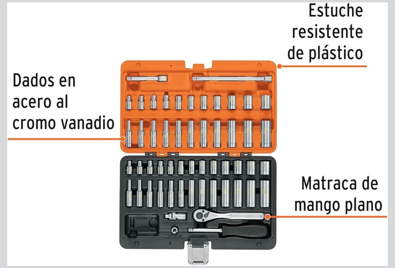 Juego de dados y accesorios Truper 1/4” – 54 pzs (métrico y estándar)