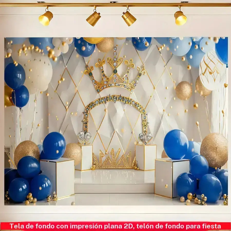 Fondo para fiesta de cumpleaños “Corona del Rey” en azul royal y dorado