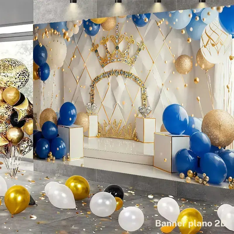 Fondo para fiesta de cumpleaños “Corona del Rey” en azul royal y dorado