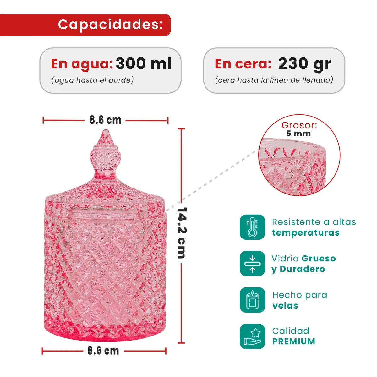 300ml - París Vaso de lujo de vidrio para velas - Frasco Pink Brillante