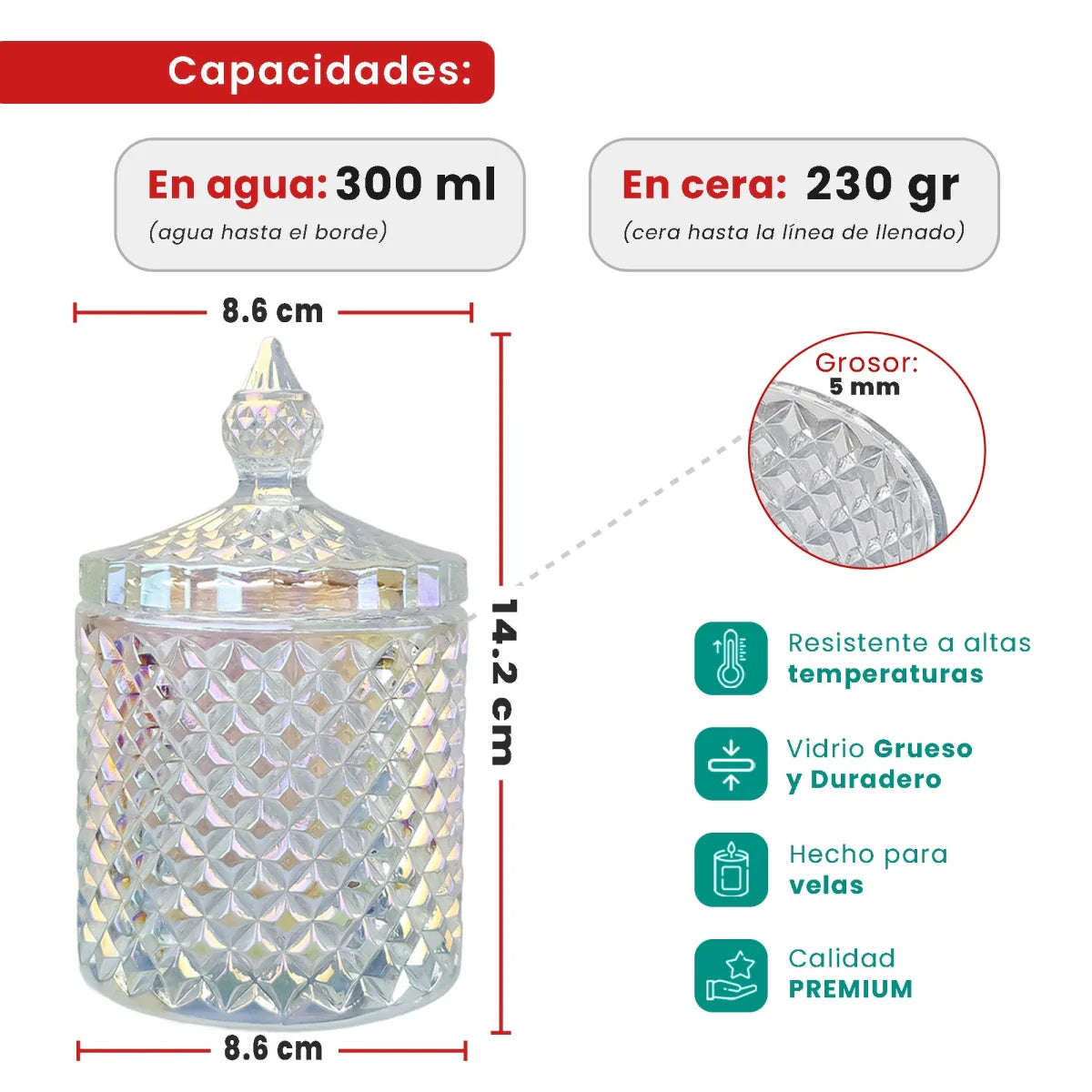 300ml - París Vaso de lujo de vidrio para velas - Frasco Tornasol Brillante
