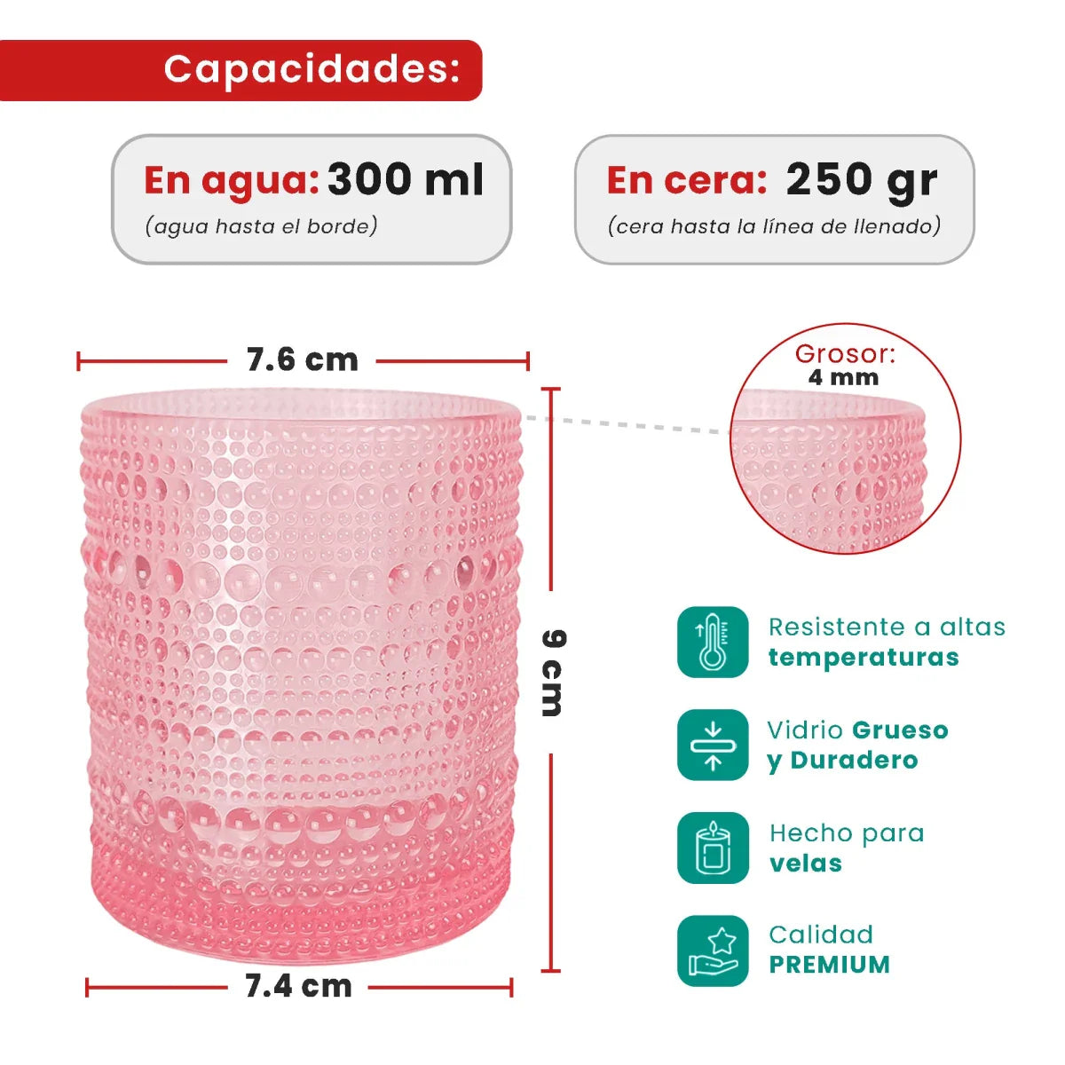 300ml - Tahití Vaso de vidrio con Diseño Perlado para velas - Frasco Rosa Transparente
