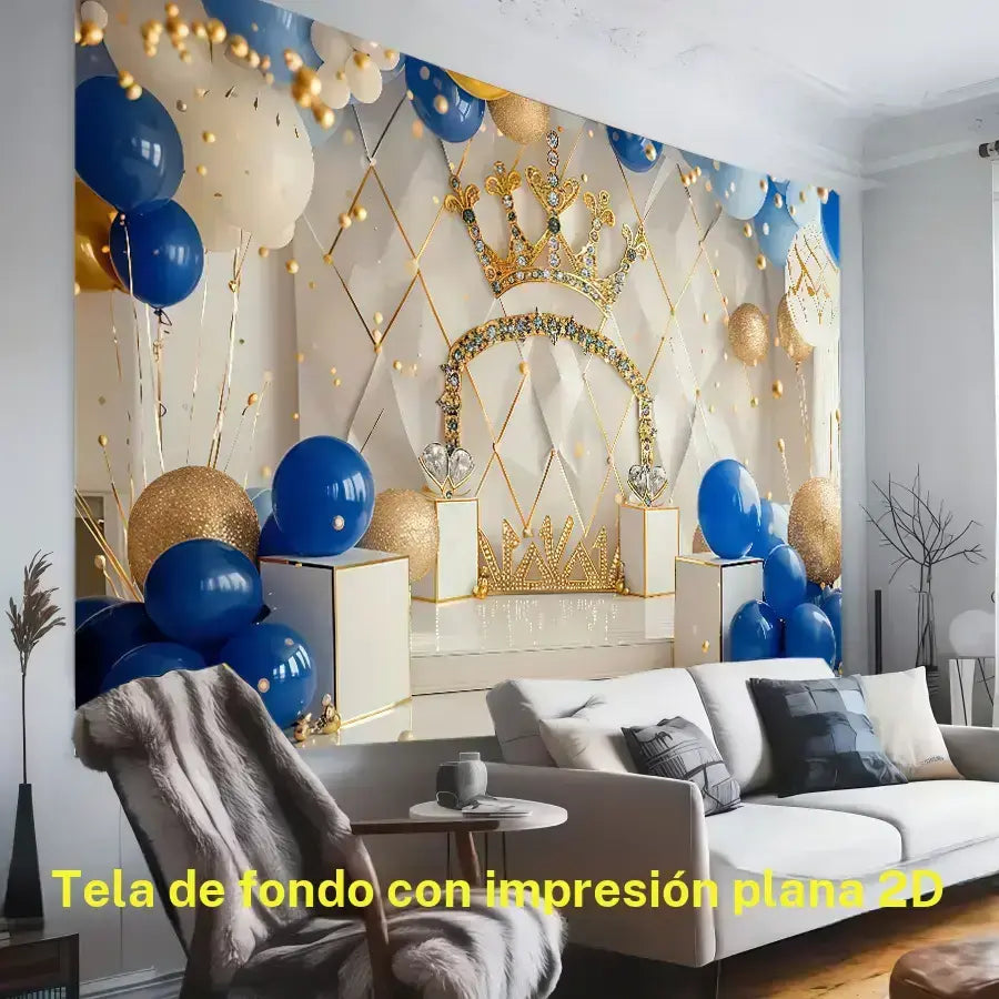 Fondo para fiesta de cumpleaños “Corona del Rey” en azul royal y dorado