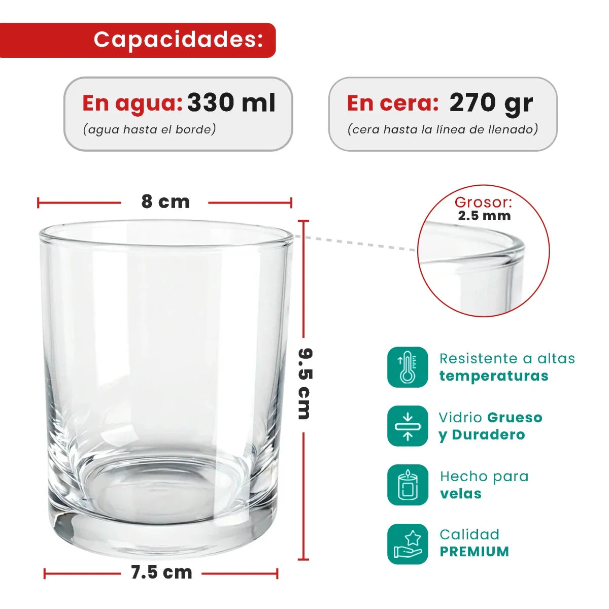 330ml - Mónaco Vaso de vidrio para velas - Frasco Cristal Transparente