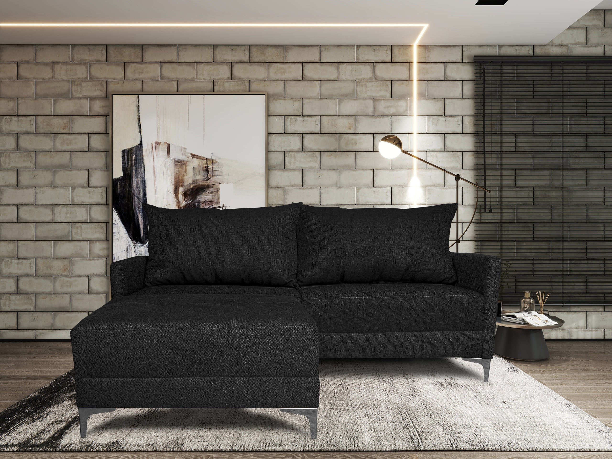 Sala Esquinera Modular El Bazar Store Montana Negro 170x155 cm, Tela Lino nacional, Love seat y taburete