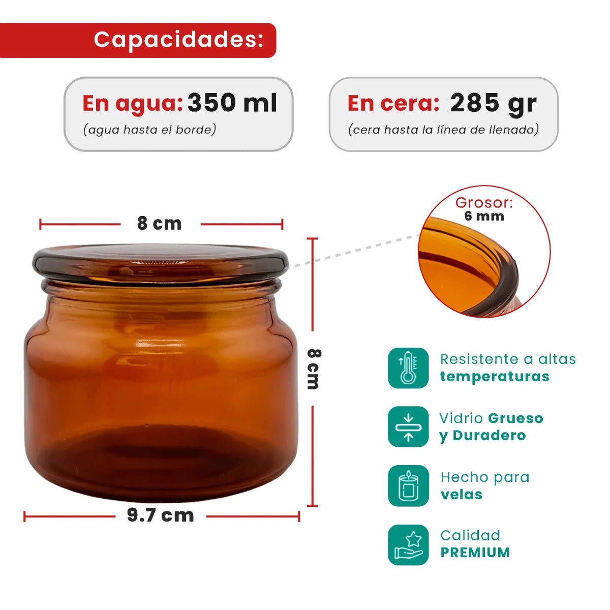 350ml - Portland - Vaso de Vidrio con tapa de vidrio - Frasco Ámbar / Café