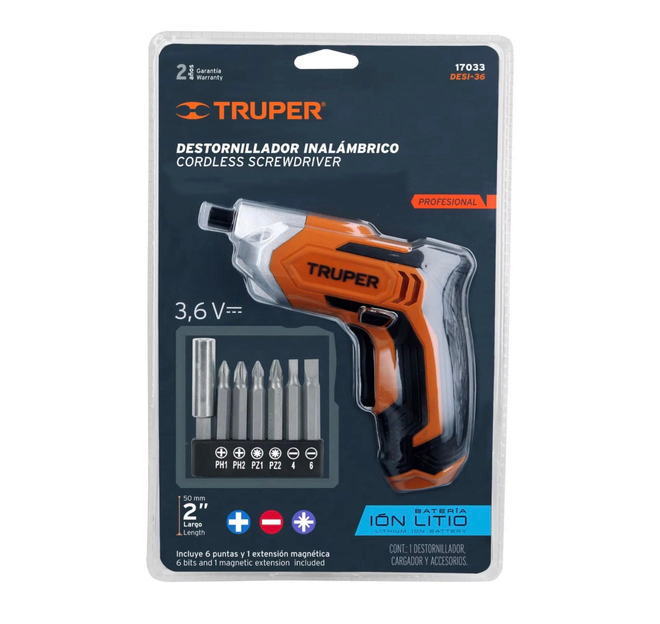 Destornillador inalámbrico TRUPER 3.6 V, batería de litio