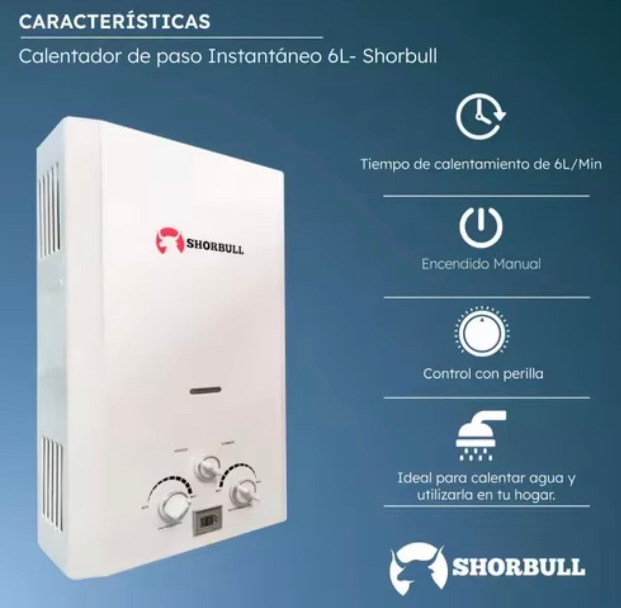 Calentador de Agua a Gas LP Instantáneo Shorbull 6L con Display Digital