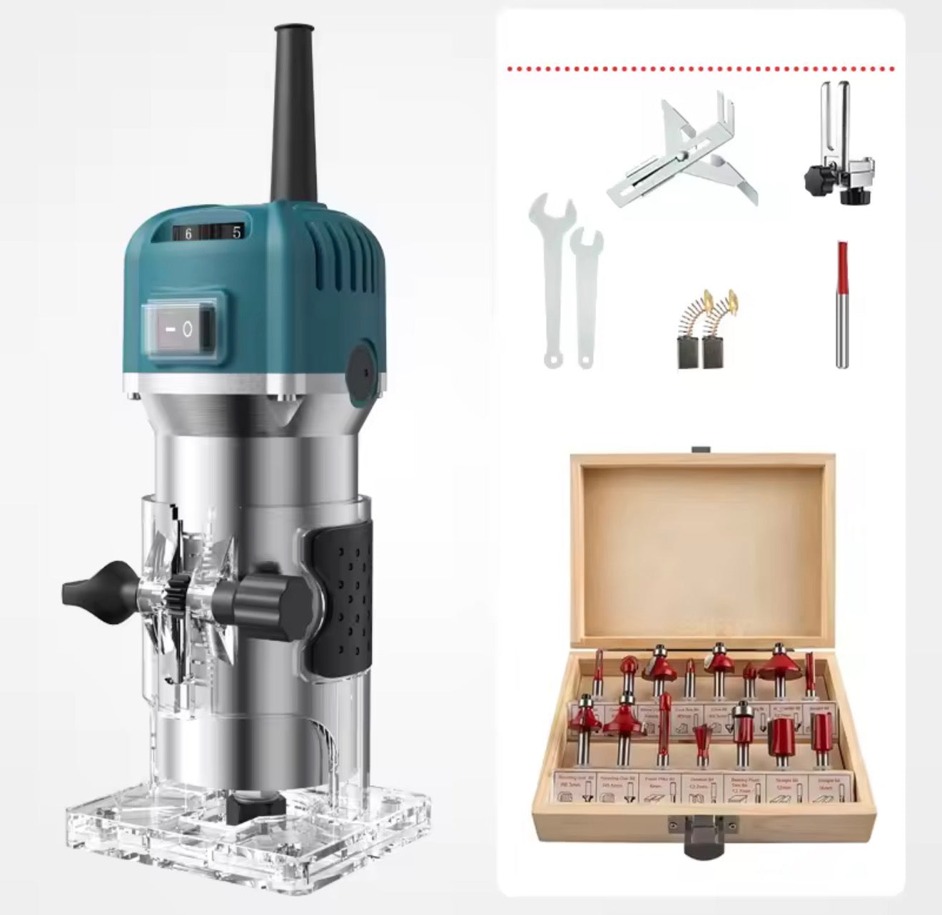 Router Fresadora para Madera 800W 30000RPM con 15 Brocas y Accesorios