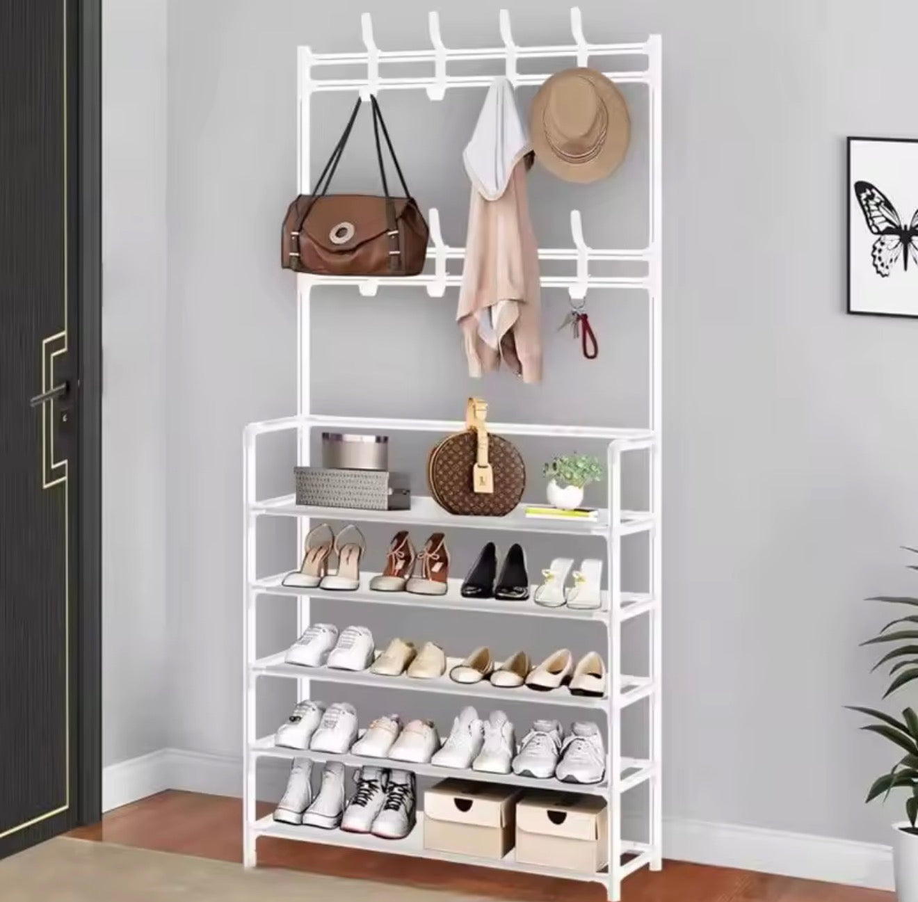 Zapatero Metálico 5 Niveles con Perchero y Ganchos – Organizador de Ropa y Calzado