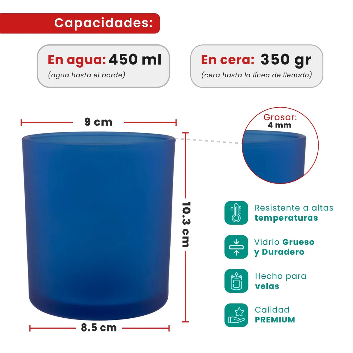 EOL - 450ml - Mónaco Vaso de vidrio para velas - Frasco Azul Satinado